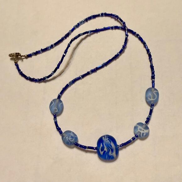Painted Blue Sea Glass Hand Crafted Beaded Necklace - Picture 4 of 8
